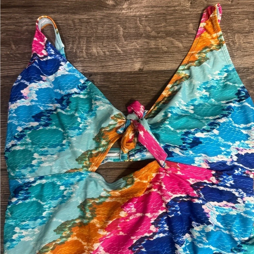 Fashion to Figure Blue and Pink One Piece Swimsuit with V-Neck